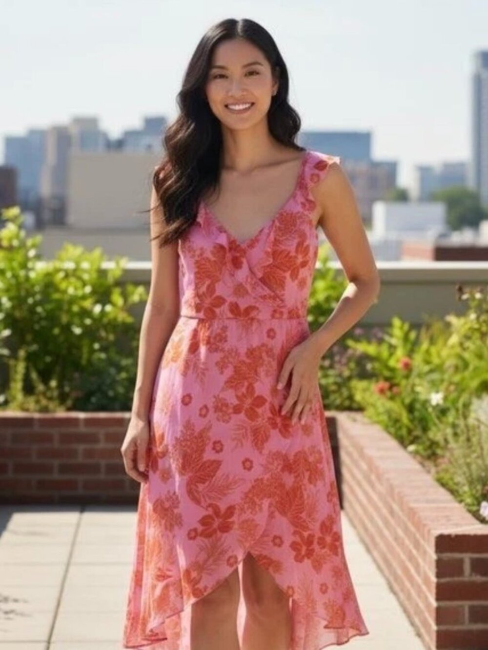Guess Coral Floral Ruffle-Trim Maxi Dress Size 10